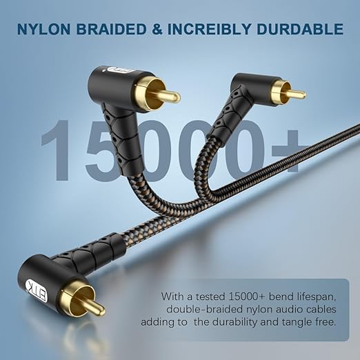 EMK 90 Degree RCA Subwoofer Cable 24K Gold-Plated Connector Nylon Braided