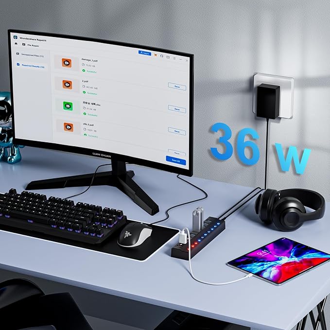 Powered USB Hub, 10-Port USB Splitter Hub
