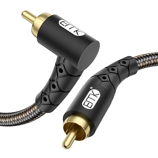 EMK 90 Degree RCA Subwoofer Cable 24K Gold-Plated Connector Nylon Braided