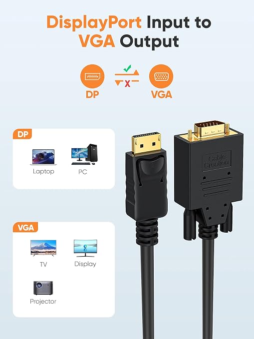 CableCreation DisplayPort to VGA Adapter Cable, 6 FT, 1080p@60Hz, DP Male to