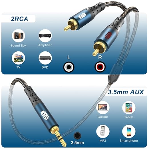 EMK 3.5mm to 2RCA Cable 24K Gold-Plated Nylon Braided RCA to Auxiliary Stereo