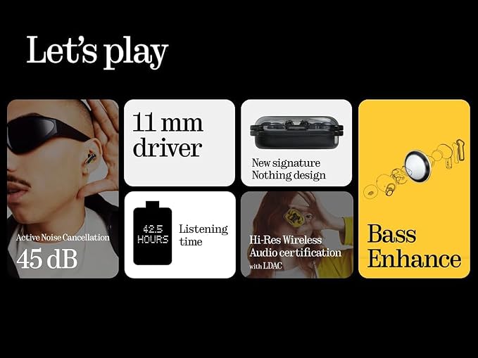 Nothing Ear Wireless Earbuds, 45dB Hybrid Noise Cancelling Earbuds, Hi-Res Audio