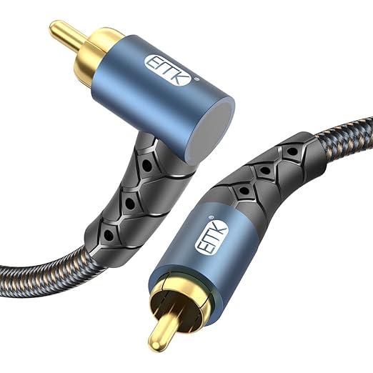 EMK RCA Subwoofer Cable 90 Degree RCA to RCA Audio Cable 24K Gold-Plated Nylon