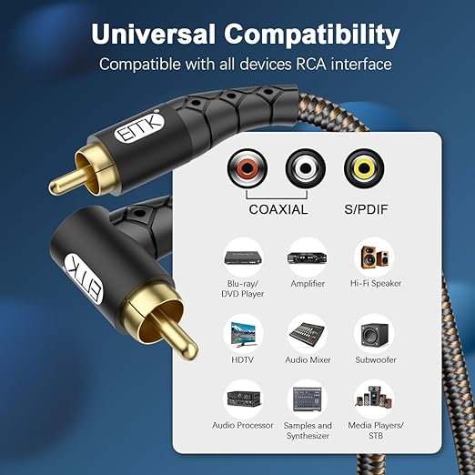 EMK 90 Degree RCA Subwoofer Cable 24K Gold-Plated Connector Nylon Braided