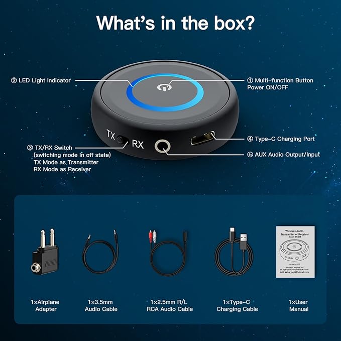 Bluetooth 5.3 Transmitter for TV/Airplane, 2-in-1 Bluetooth Transmitter