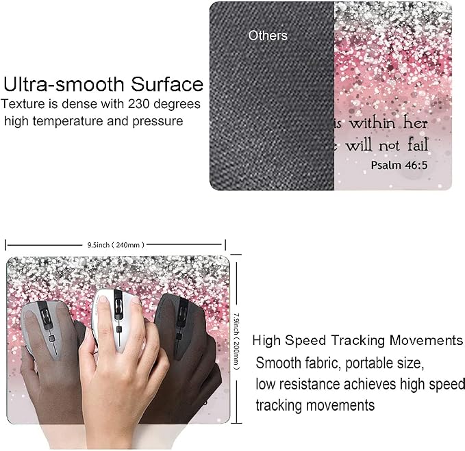 Mouse Pad, Bible Verse Pink Sparkles Glitter Mouse pad, Square Waterproof Mouse