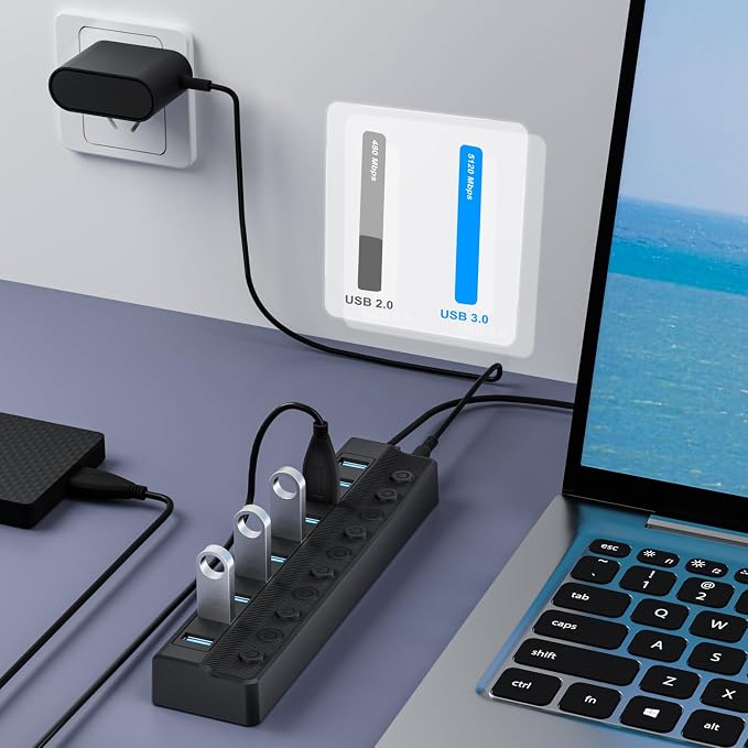 Powered USB Hub 3.0, 10-Port USB Splitter Hub