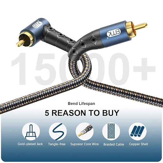 EMK RCA Subwoofer Cable 90 Degree RCA to RCA Audio Cable 24K Gold-Plated Nylon