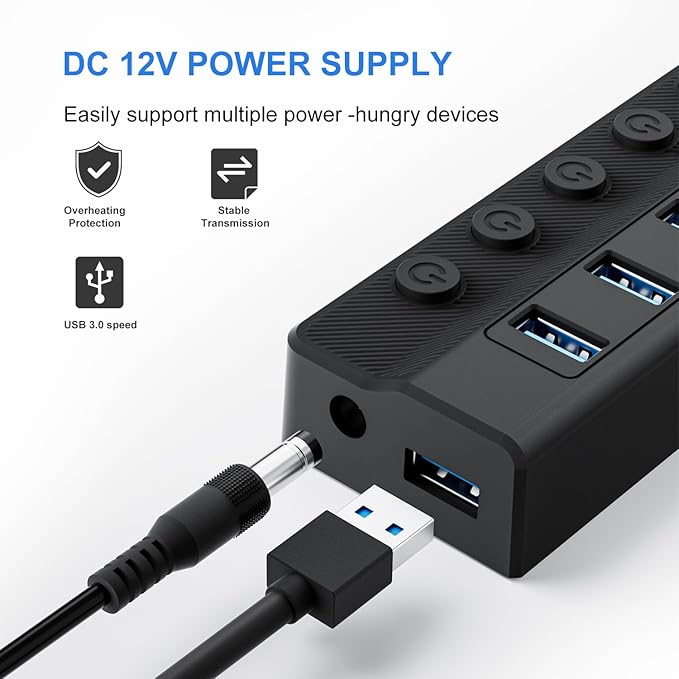Powered USB Hub 3.0, 10-Port USB Splitter Hub