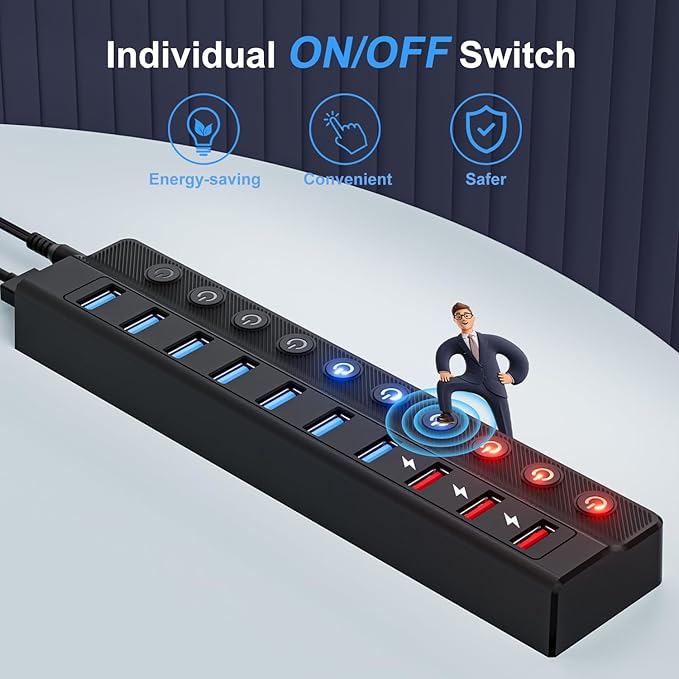 Powered USB Hub, 10-Port USB Splitter Hub