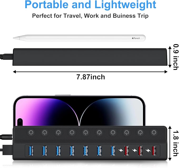 Powered USB Hub, 10-Port USB Splitter Hub