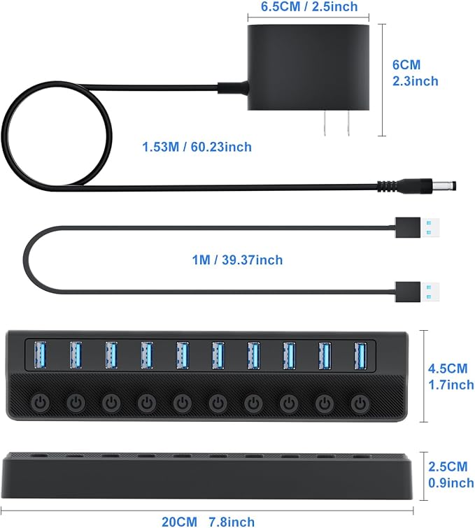 Powered USB Hub 3.0, 10-Port USB Splitter Hub