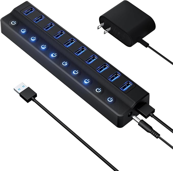 Powered USB Hub 3.0, 10-Port USB Splitter Hub