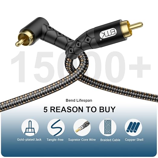 EMK 90 Degree RCA Subwoofer Cable 24K Gold-Plated Connector Nylon Braided