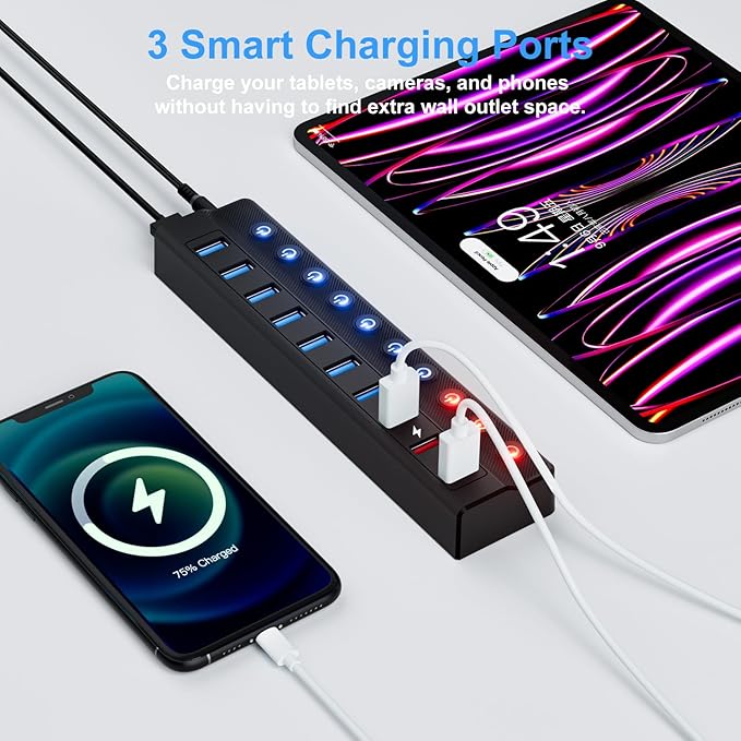 Powered USB Hub, 10-Port USB Splitter Hub