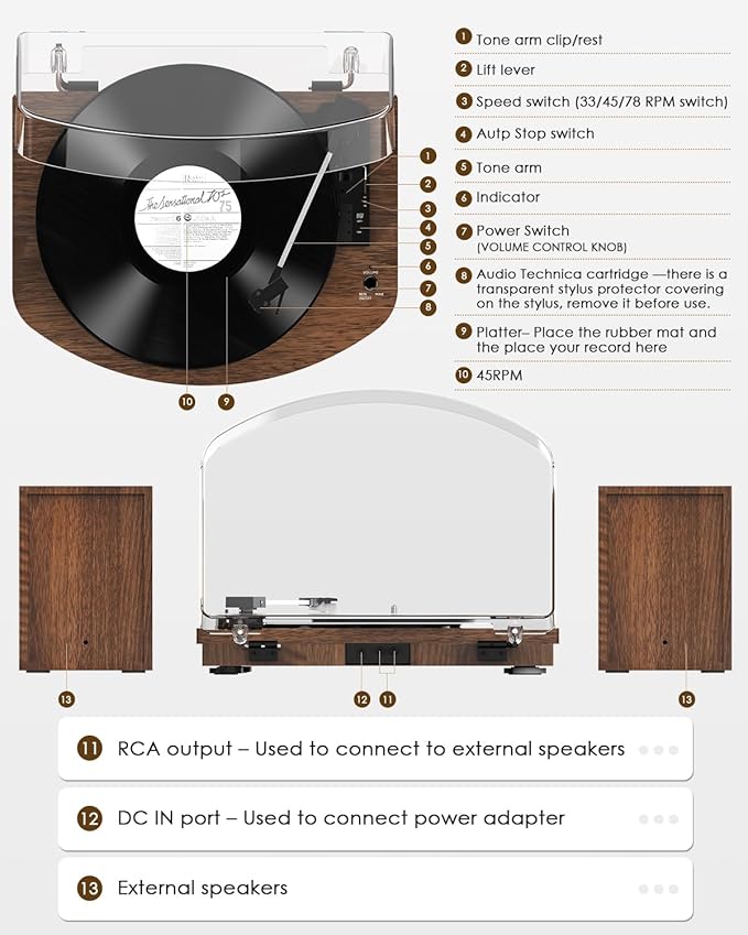 Vinyl Record Player with Dual Stereo Speakers, Belt Drive Turntable with