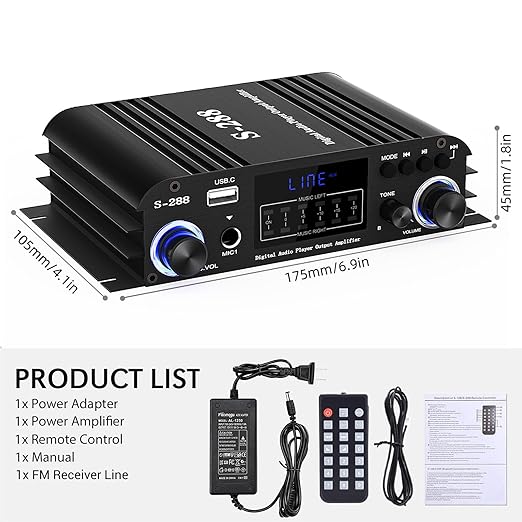 Facmogu S-288 4 CH Bluetooth 5.0 Home Audio Amplifier, RMS 45Wx4, Max 600W HiFi
