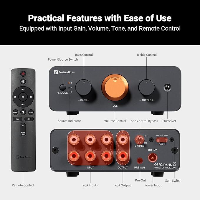 Fosi Audio P4 Mini Preamp with 3 RCA Inputs, Home Audio Stereo Pre amp
