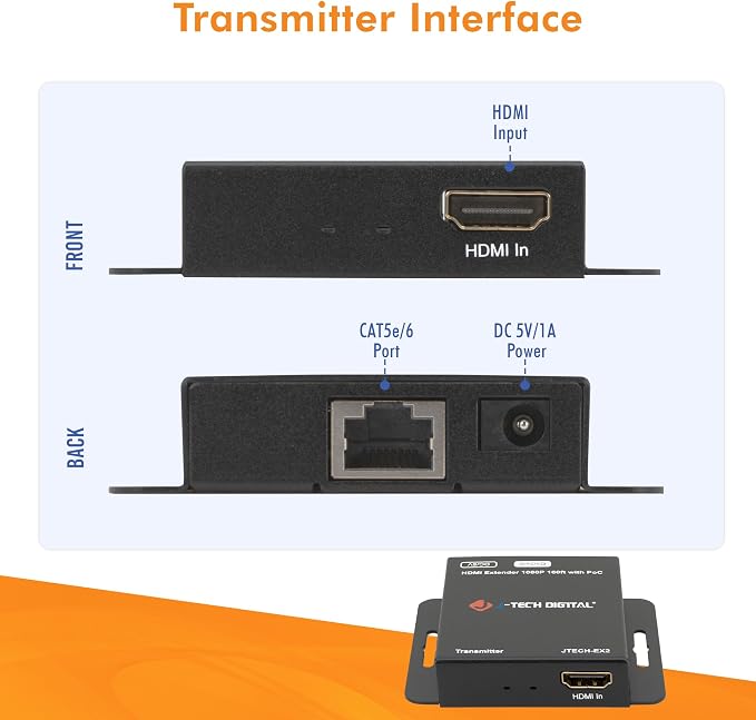J-Tech Digital HDMI Extender Over Single Ethernet Cat5e/6/7 1080P Up to 1080P