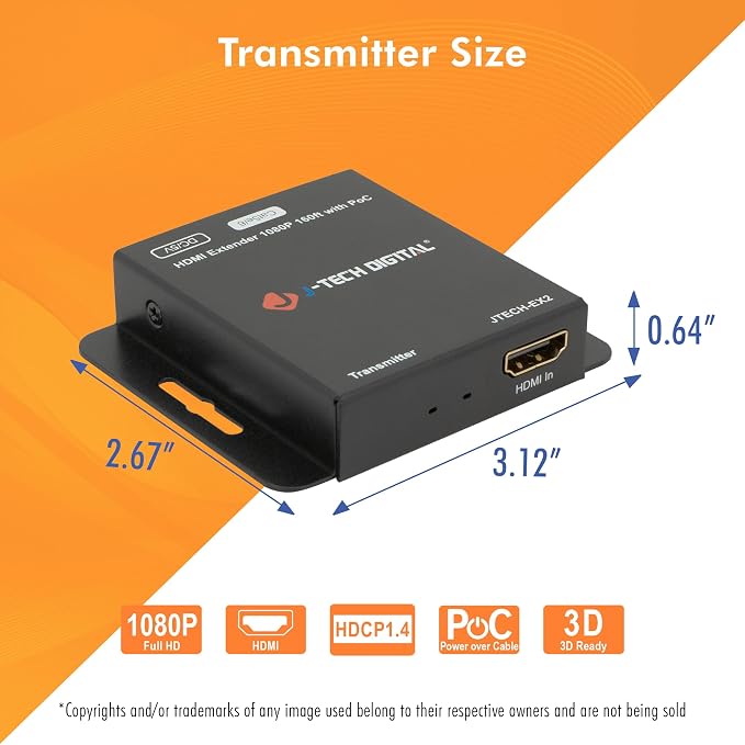 J-Tech Digital HDMI Extender Over Single Ethernet Cat5e/6/7 1080P Up to 1080P