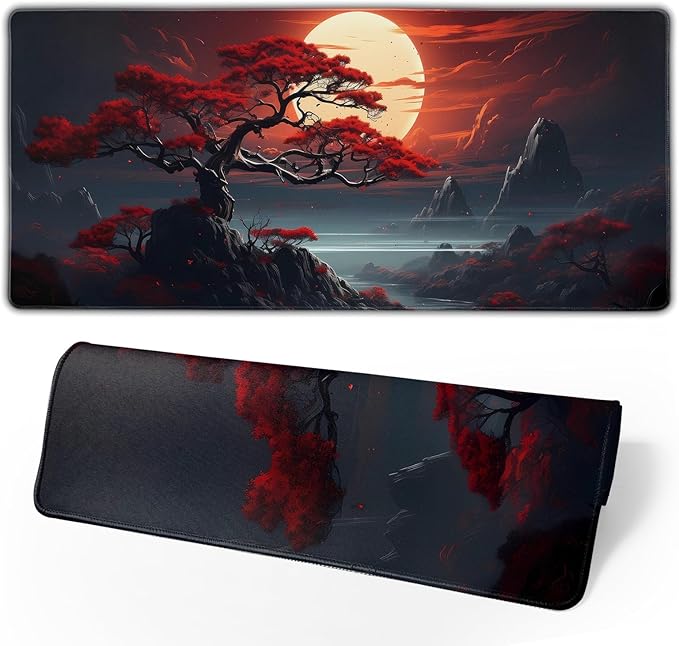 Darkness Red Moon Desk Mat Japanese Mouse Pad, Large Japanese Desk Mat