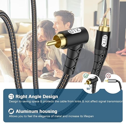 EMK 90 Degree RCA Subwoofer Cable 24K Gold-Plated Connector Nylon Braided