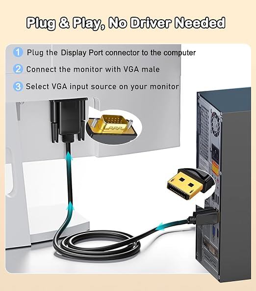 DisplayPort to VGA Cable 6FT, Display Port DP to VGA Adapter, 1080P@60Hz Video