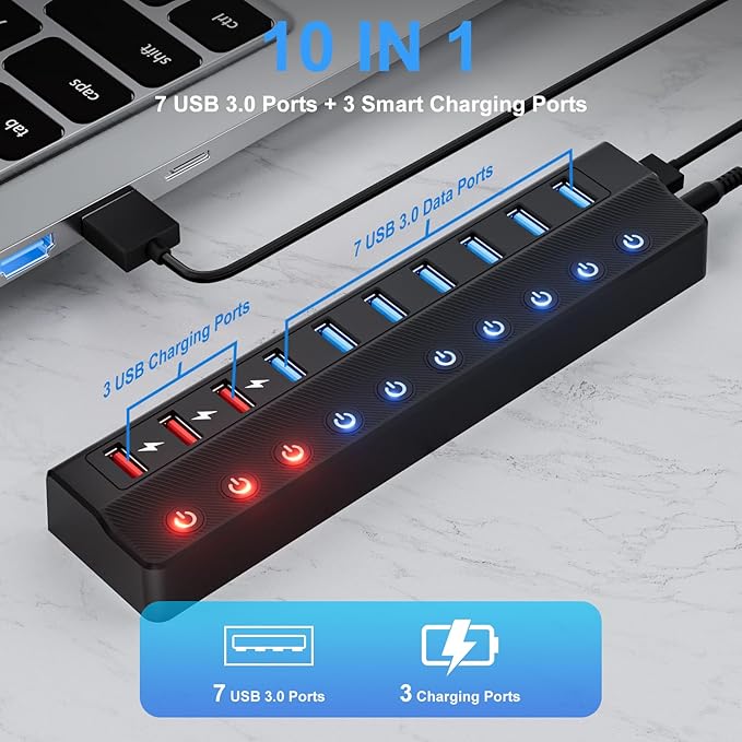 Powered USB Hub, 10-Port USB Splitter Hub