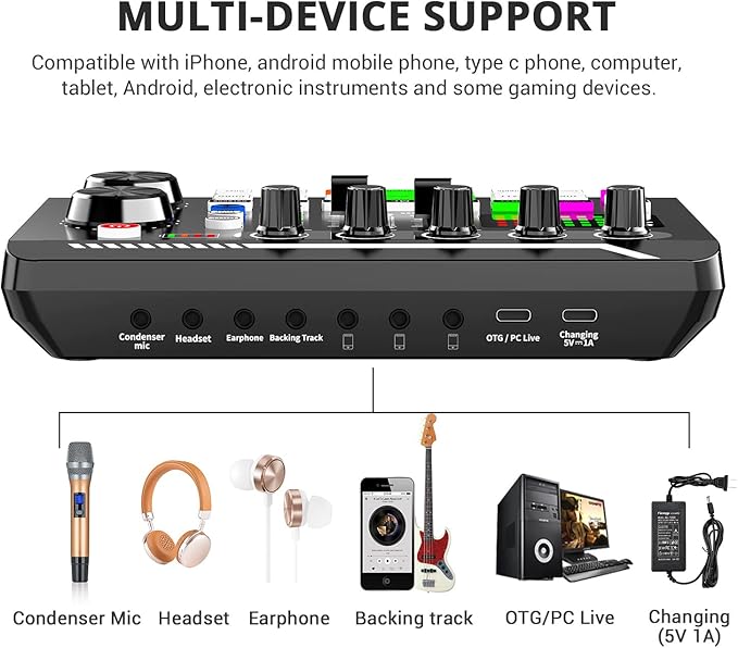 Facmogu F998 Live Sound Card Audio Mixer, Podcast Audio Interface