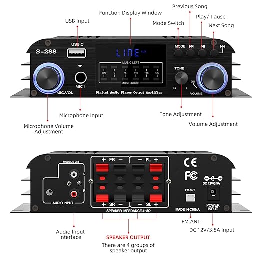 Facmogu S-288 4 CH Bluetooth 5.0 Home Audio Amplifier, RMS 45Wx4, Max 600W HiFi