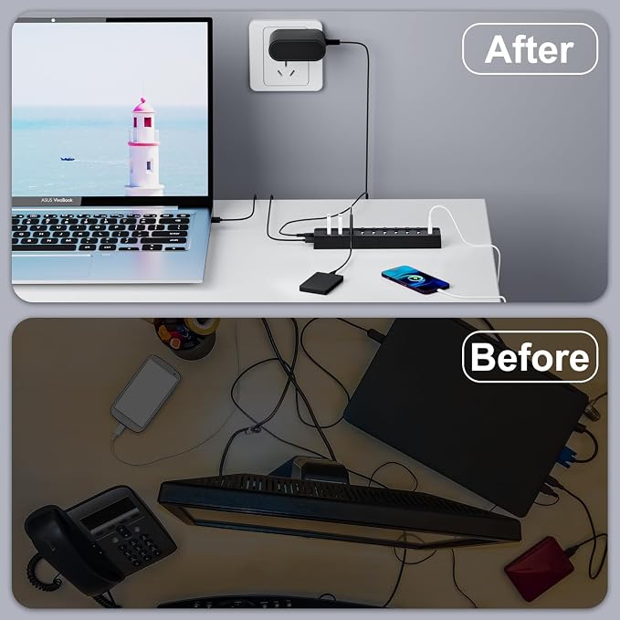 Powered USB Hub 3.0, 10-Port USB Splitter Hub