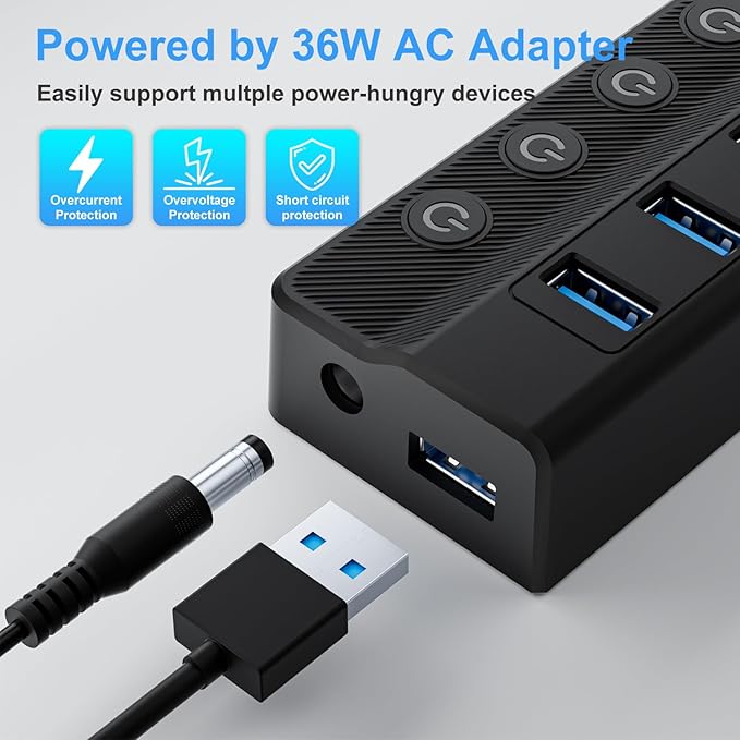 Powered USB Hub, 10-Port USB Splitter Hub