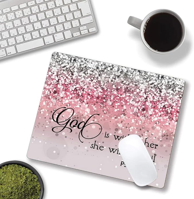 Mouse Pad, Bible Verse Pink Sparkles Glitter Mouse pad, Square Waterproof Mouse