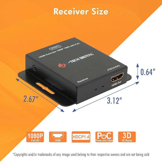 J-Tech Digital HDMI Extender Over Single Ethernet Cat5e/6/7 1080P Up to 1080P