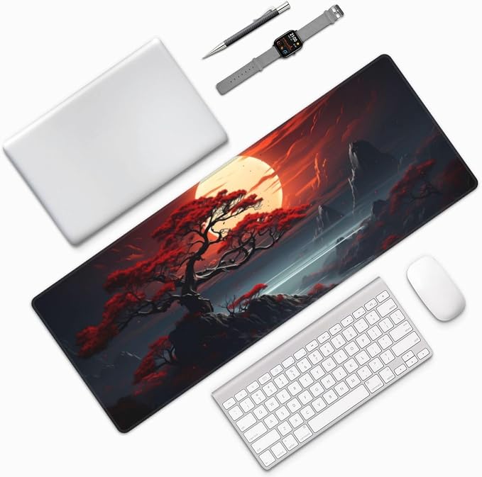 Darkness Red Moon Desk Mat Japanese Mouse Pad, Large Japanese Desk Mat