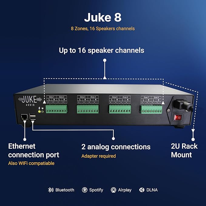 Juke-8: 8 Zone Multi-Room Amplifier | Built-in Music Streaming & Wireless App