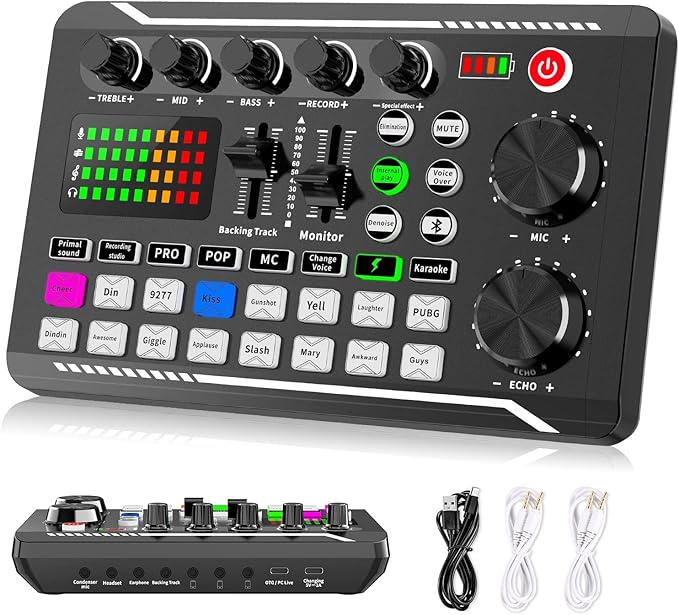 Facmogu F998 Live Sound Card Audio Mixer, Podcast Audio Interface