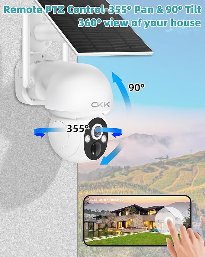 4MP PTZ Solar Security Camera Outdoor, Pan/Tilt/Zoom, PIR Detection, 2-Way Audio