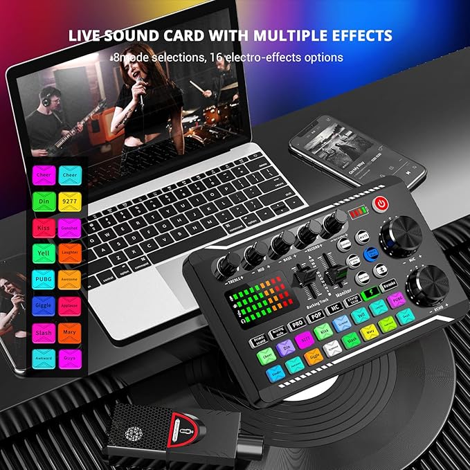 Facmogu F998 Live Sound Card Audio Mixer, Podcast Audio Interface