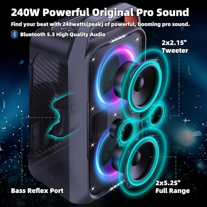 Portable Bluetooth Speaker: 240W Peak Powerful Loud Sound Deep Bass Wireless
